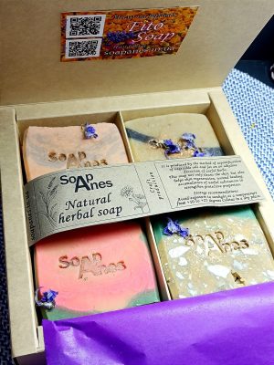 A gift set of natural herbal soap in a decorated box